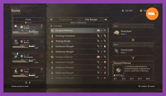 Dragon's Dogma 2 item crafting and recipe combining menu interface