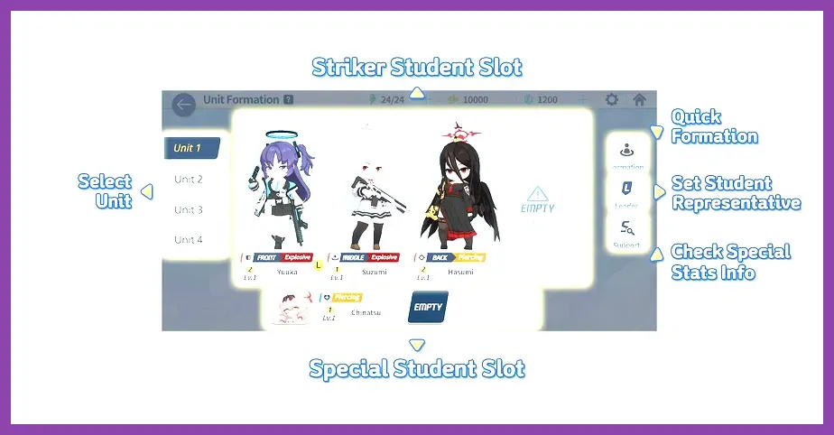 Blue Archive team formation and unit setup