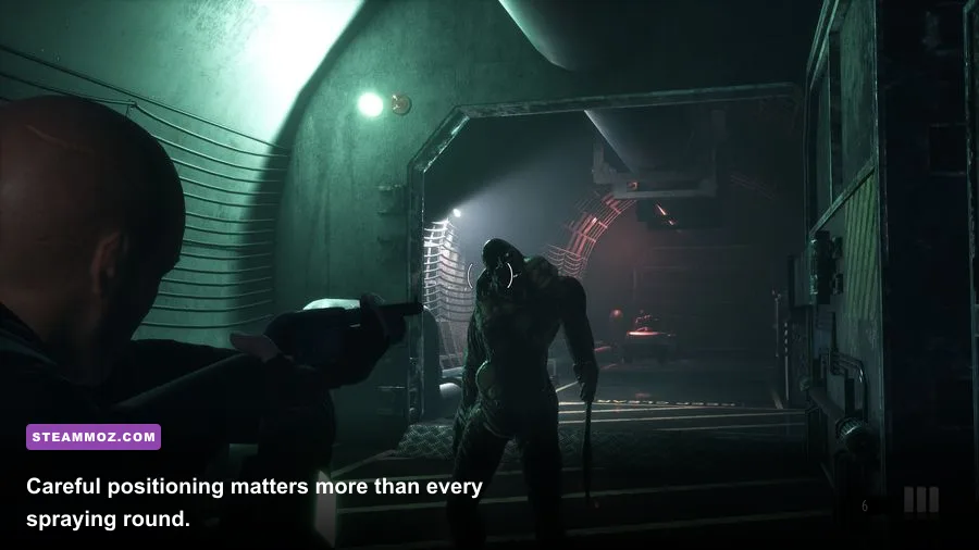 Daymare 1998 character aiming a handgun at an infected enemy
