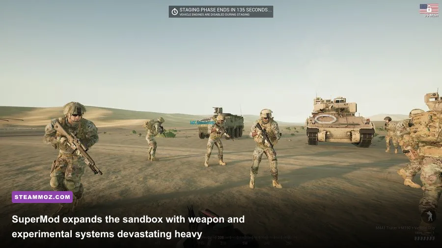 Armored personnel carriers rolling through an open valley in Squad SuperMod