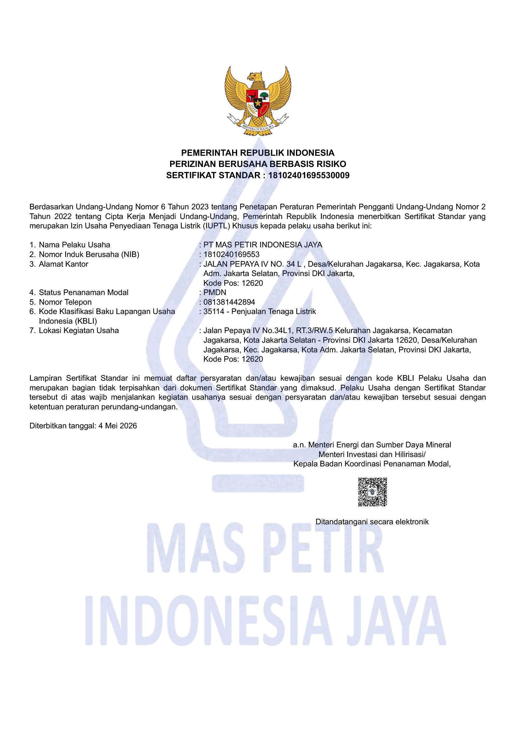 Izin Penjualan Tenaga Listrik