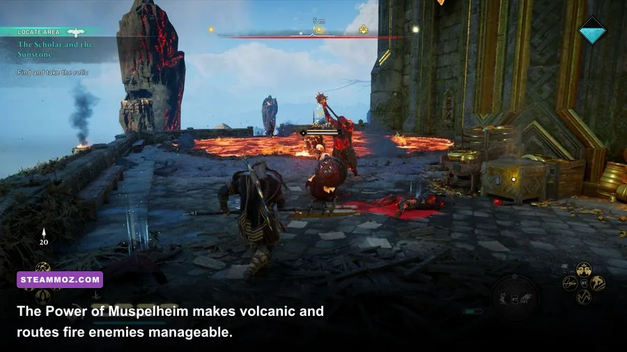 Eivor using the Power of Muspelheim to cross lava in Svartalfheim
