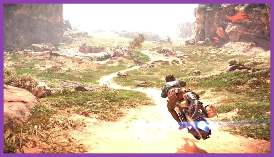 Kay Vess riding her speeder bike across the open fields of Toshara