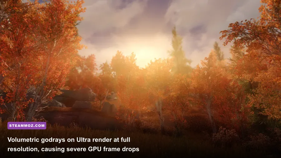 Volumetric godrays piercing through the autumn trees outside Riften