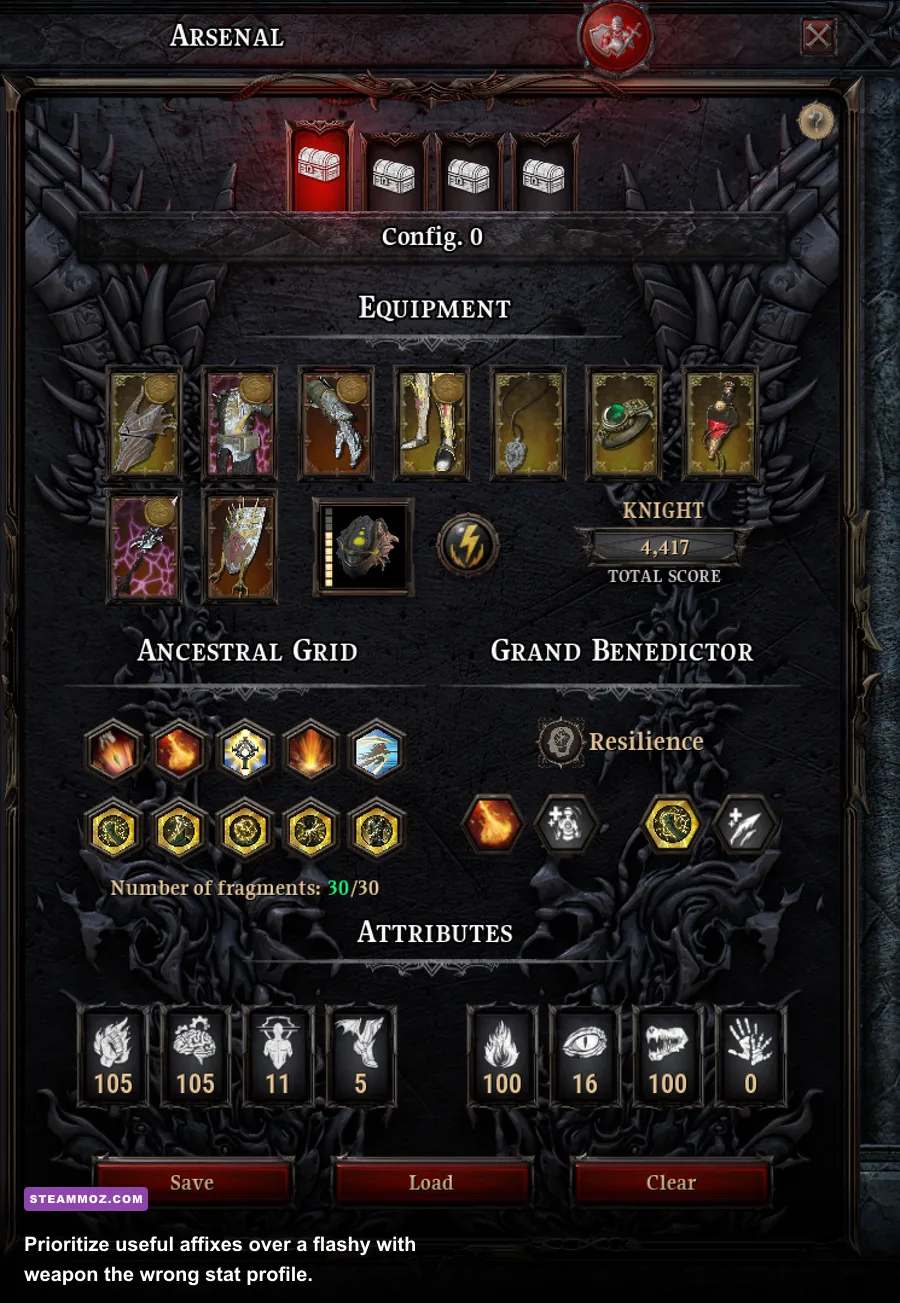 Dragonkin The Banished inventory showing randomized weapons and armor