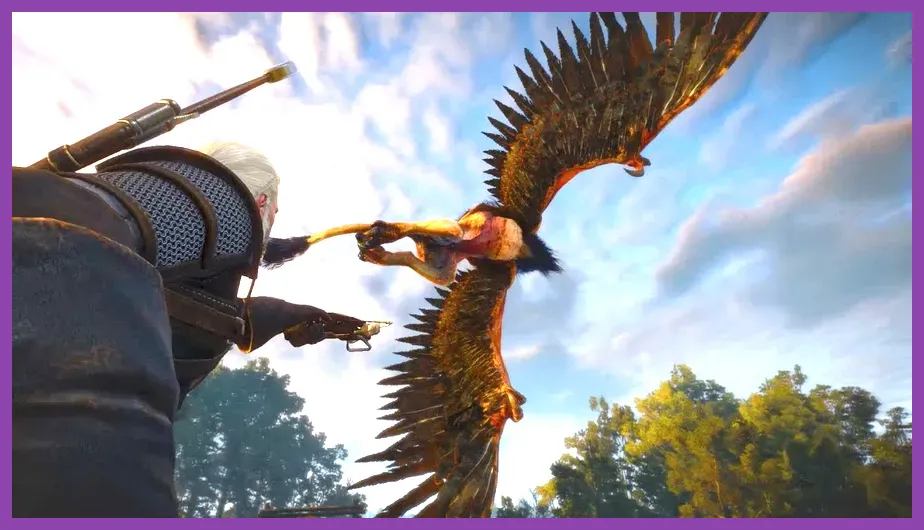 Geralt preparing to strike the Royal Griffin boss in White Orchard