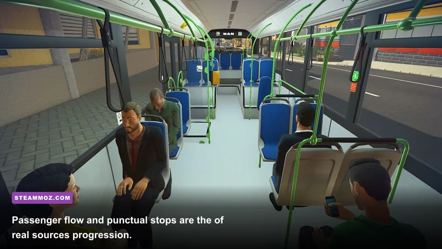 Passengers boarding a city bus at a stop in Bus Simulator 16