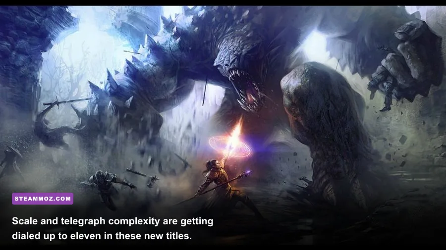 A massive grotesque boss towering over a small armored knight