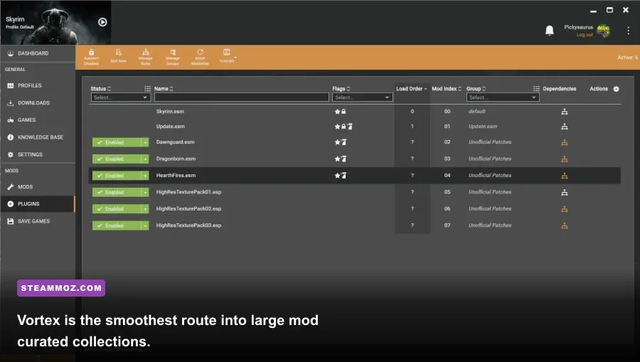 Vortex Mod Manager dashboard showing deployed Nexus Mods on Windows