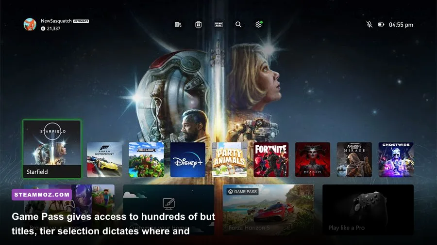 Xbox Game Pass interface displaying game library and subscription tiers