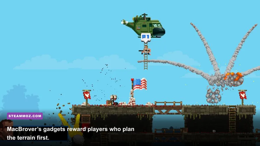 MacBrover deploying explosive equipment near a rescue cage in BROFORCE