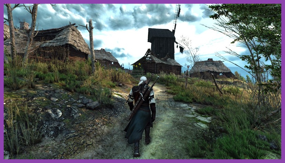 Geralt riding Roach through a scenic landscape in The Witcher 3