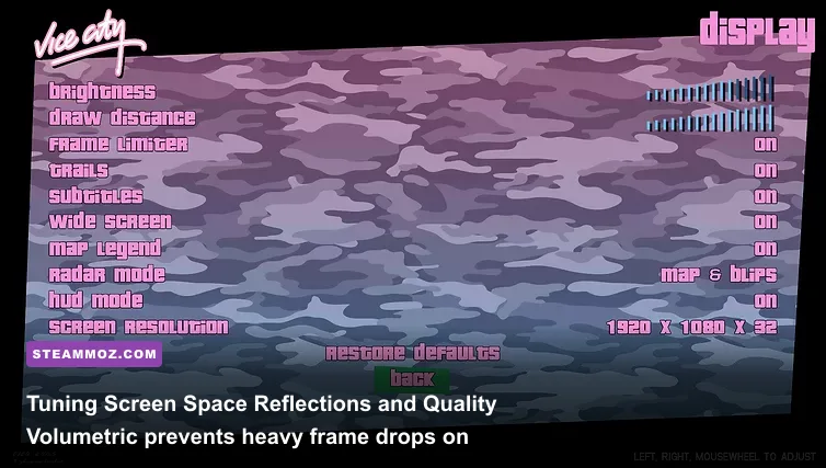 In-game graphics menu in Grand Theft Auto Vice City The Definitive Edition displaying render settings