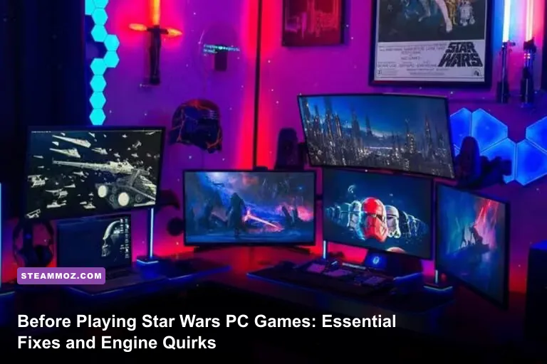 High-end PC gaming battle station illuminated by Star Wars themed lighting