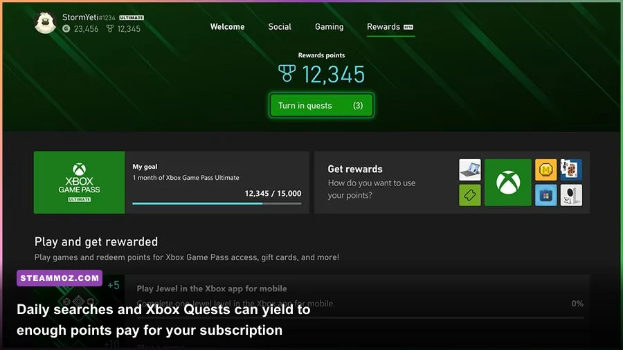 Microsoft Rewards dashboard showing daily points breakdown and Game Pass redemption tiles