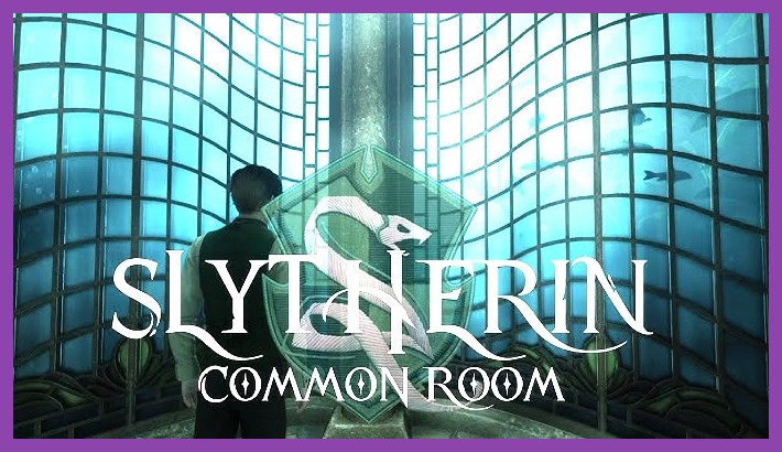 The green-lit Slytherin common room submerged beneath the Black Lake in Hogwarts Legacy