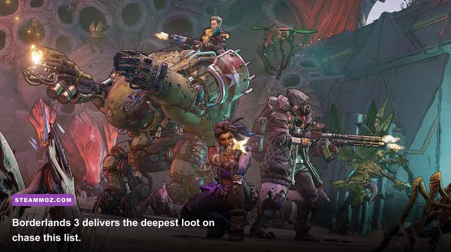 Borderlands 3 Vault Hunter fighting a boss with legendary weapons