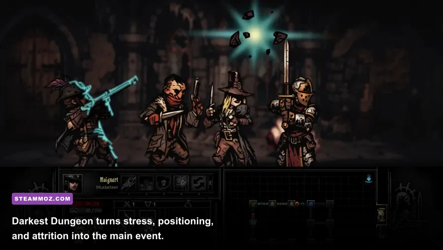 Darkest Dungeon party fighting monsters in The Ruins