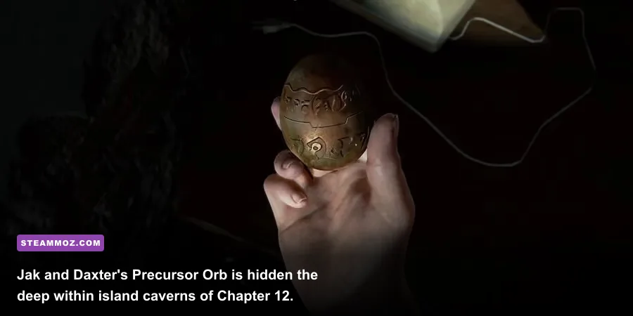 Nathan Drake examining the golden Precursor Orb Strange Relic inside an island cave