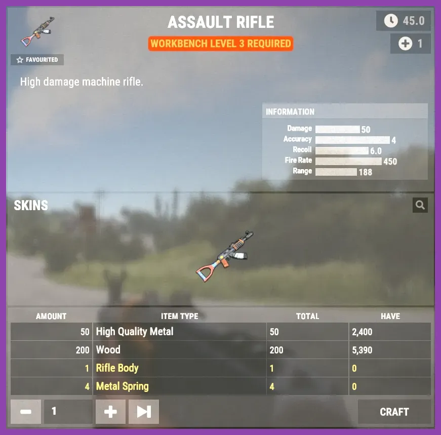 Workbench Level 3 menu crafting Assault Rifle in Rust