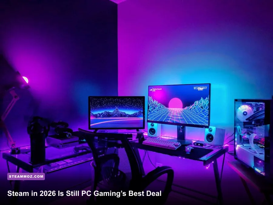 A PC gamer browsing a large Steam game library in 2026