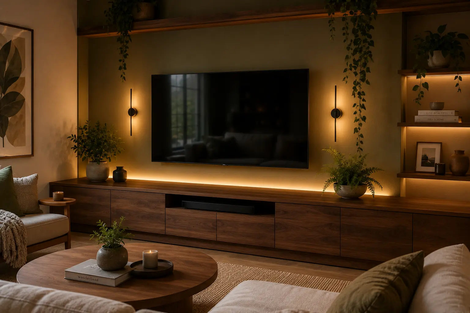 Warm minimalist media wall design featuring natural wood textures, subtle lighting, and a black flat-screen TV blending into the decor