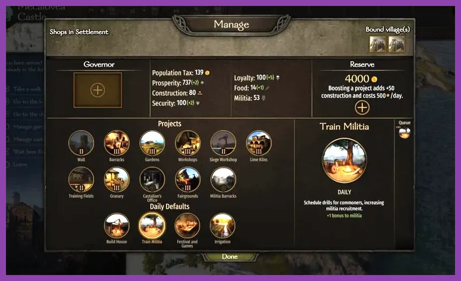 Bannerlord settlement management menu showing governor skill perks