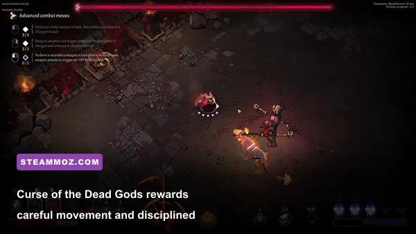 A hero fighting enemies among traps in Curse of the Dead Gods