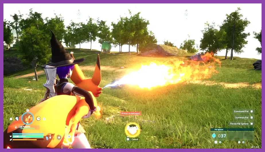 Foxparks using Flame Burst and Lamball performing Heavy Strike in battle
