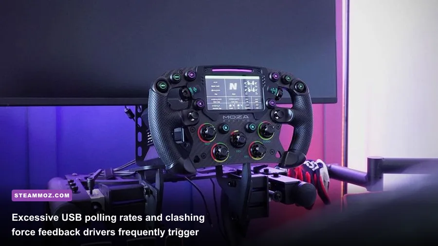 Racing simulator wheel and pedal set connected to a gaming computer desk