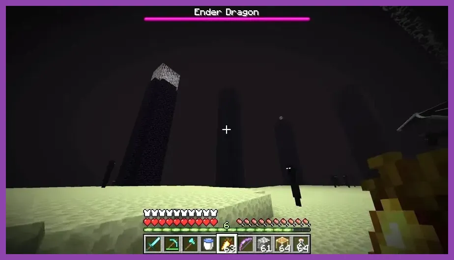 Minecraft solo player fighting the Ender Dragon with a bow in the End