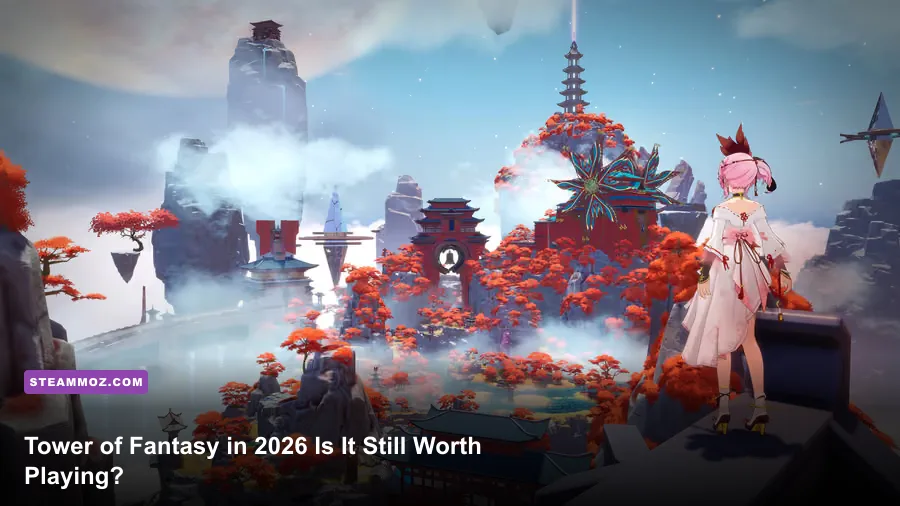 Tower of Fantasy characters exploring Domain 9 in a high-resolution open-world scene