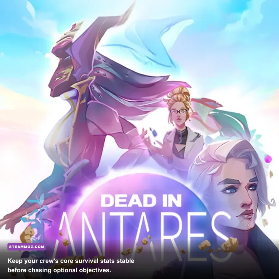 Dead in Antares crew management screen showing survival statistics and character roles