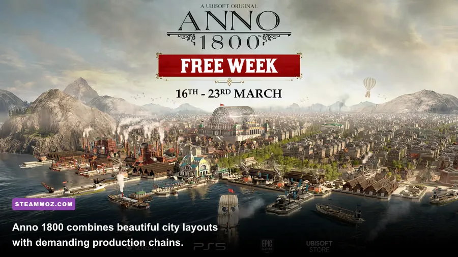 Anno 1800 harbor city with factories, ships, warehouses, and residential districts