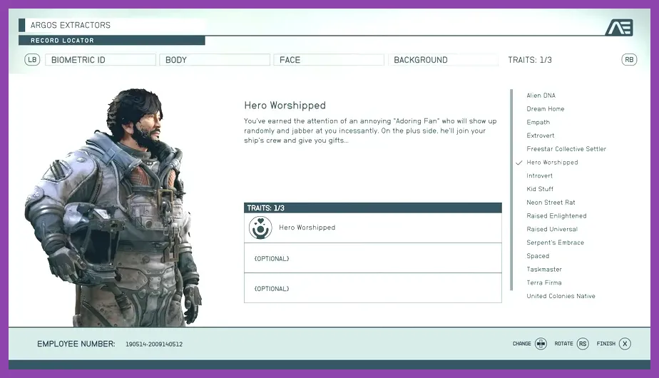 Starfield character creation trait selection menu showing Introvert and Wanted