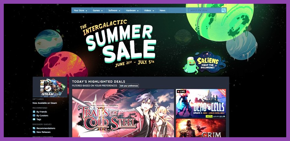 Steam summer sale banner featuring massive game discounts on PC storefront