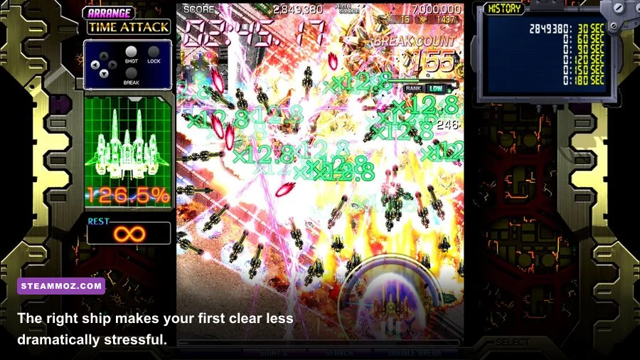 Crimzon Clover World EXplosion ship selection screen showing playable fighter types