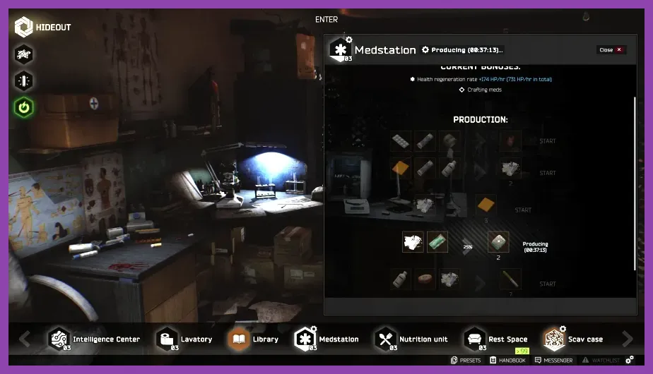 Player upgrading the Hideout Medical Station Level 1 in Escape From Tarkov