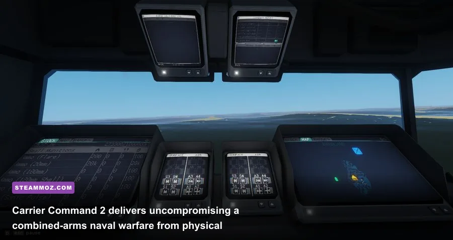 Carrier Command 2 vehicle logistics and holographic tactical map on ship bridge