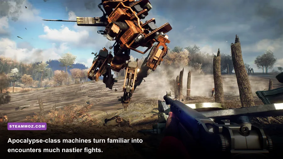 Generation Zero Alpine Unrest Apocalypse class machines attacking a player
