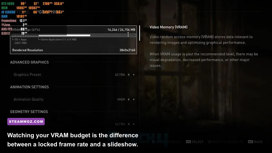 The Last of Us Part 1 graphics menu showing VRAM allocation bar and settings
