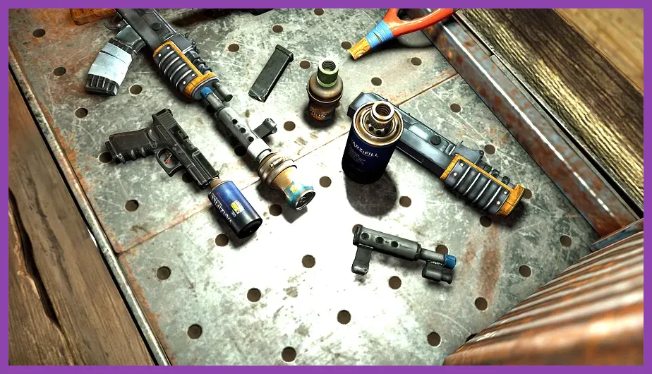 Rust weapon attachments and ammunition types displayed in the crafting menu