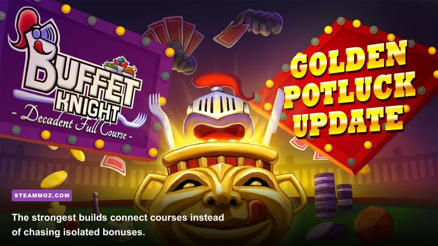 Buffet Knight Decadent Full Course upgrade menu showing food and weapon synergies