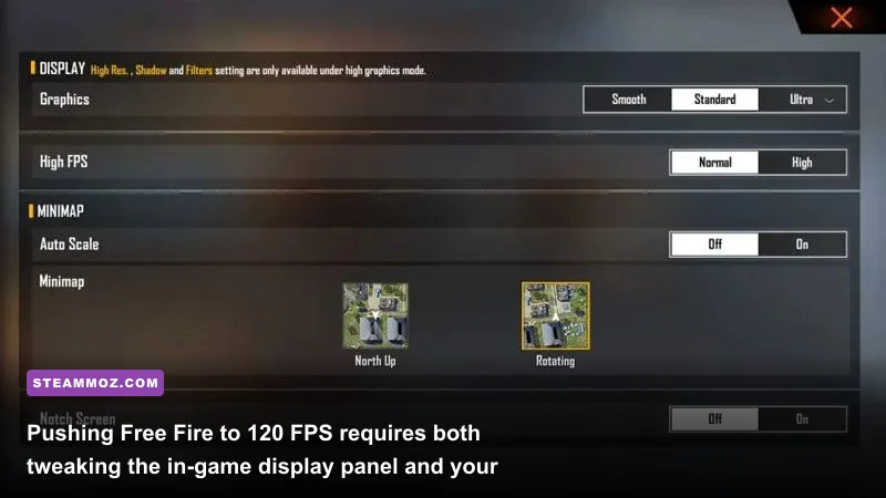 Display settings menu in Free Fire MAX showing High FPS and Ultra resolution options