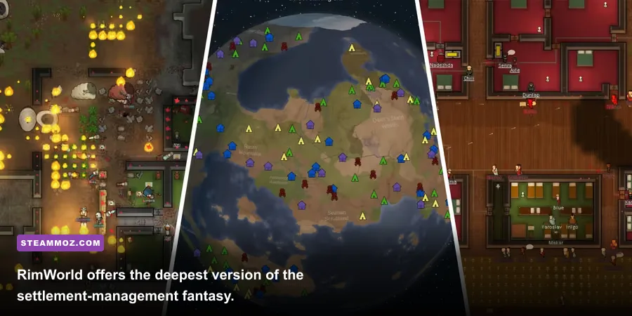 RimWorld colonists defending their settlement during a raid