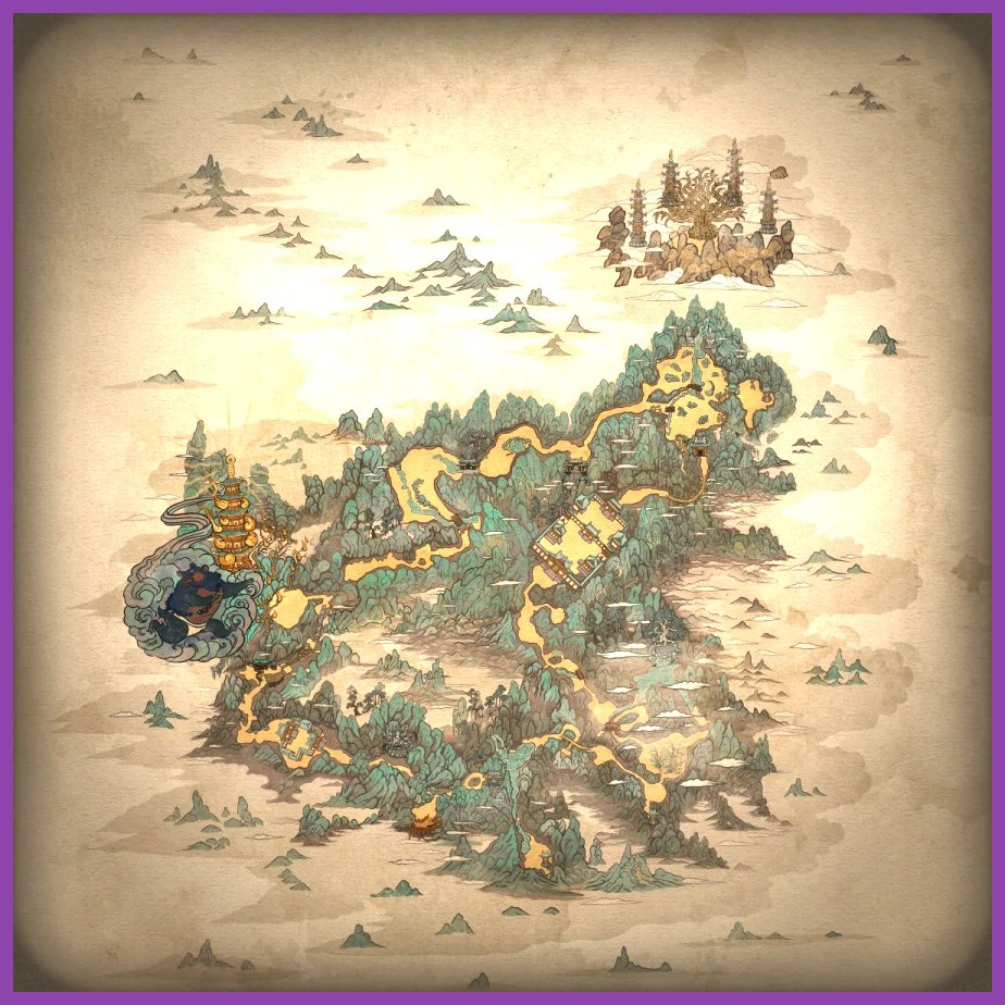 Expansive game world with landmarks and enemies