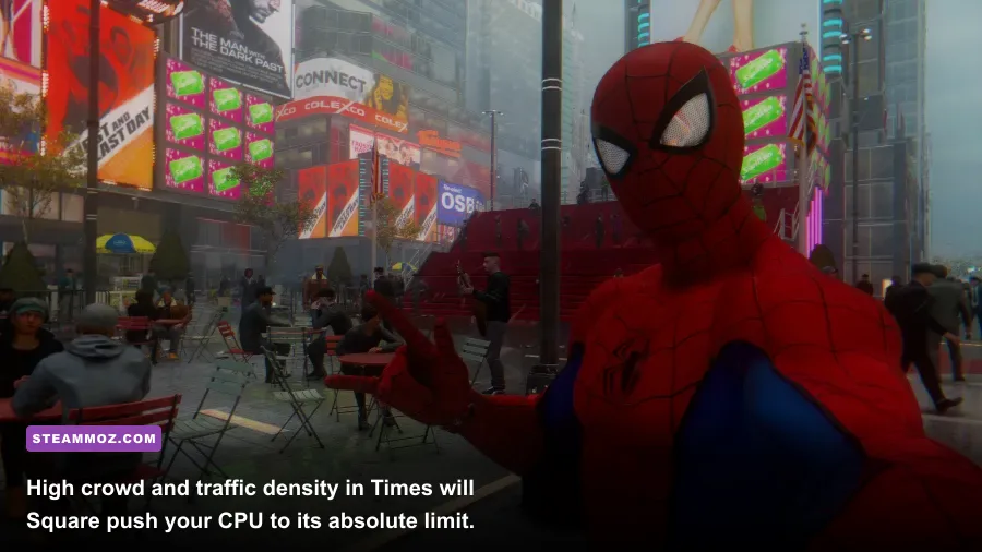 Spider-Man perched above a crowded Times Square street showing heavy NPC density