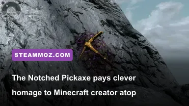 The Notched Pickaxe stuck in a malachite ore vein at the peak of Throat of the World