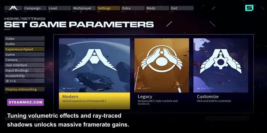 In-game graphics options menu showing ray tracing and shadow settings in Homeworld