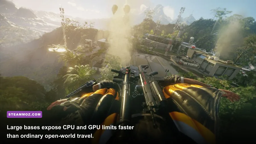 Rico Rodriguez destroying a military base with explosions in Just Cause 4